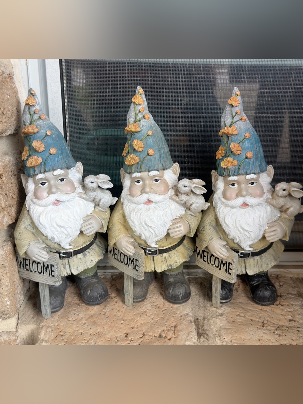 Garden Gnome Trio with Blue Hats and 'Welcome' Signs